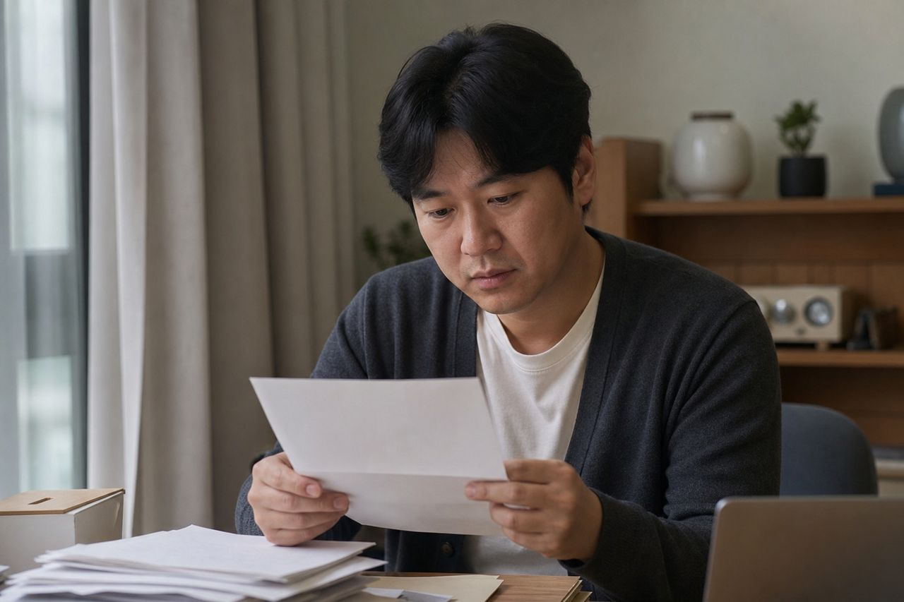 회식 후 귀가하다 0.085% 적발된 30대 직장인 K씨 — 음주운전 면허취소 처분 통보받은 날부터 90일 카운트다운, 행정심판 집행정지까지 동시에 챙기는 체크리스트 관련 상황을 보여주는 이미지 — 서류를 검토하는 모습